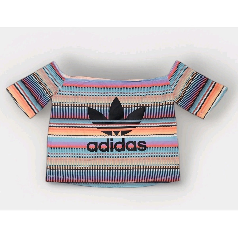 ADIDAS ORIGINALS Women's Striped Multicolor Off The Shoulder Shirt Crop Top Sz L - Picture 2 of 10
